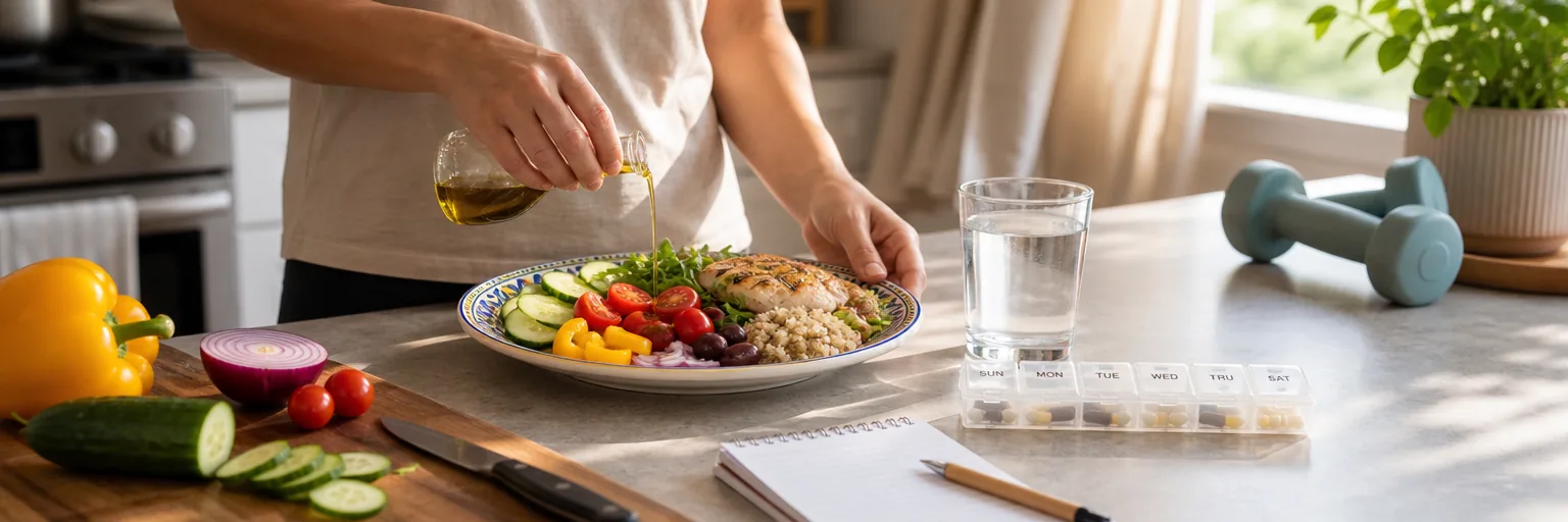 adult preparing a Mediterranean-pattern plate at a sunlit kitchen counter with a labelled weekly pill organiser, water glass, and notepad, with light dumbbells set aside for resistance training during prednisone therapy