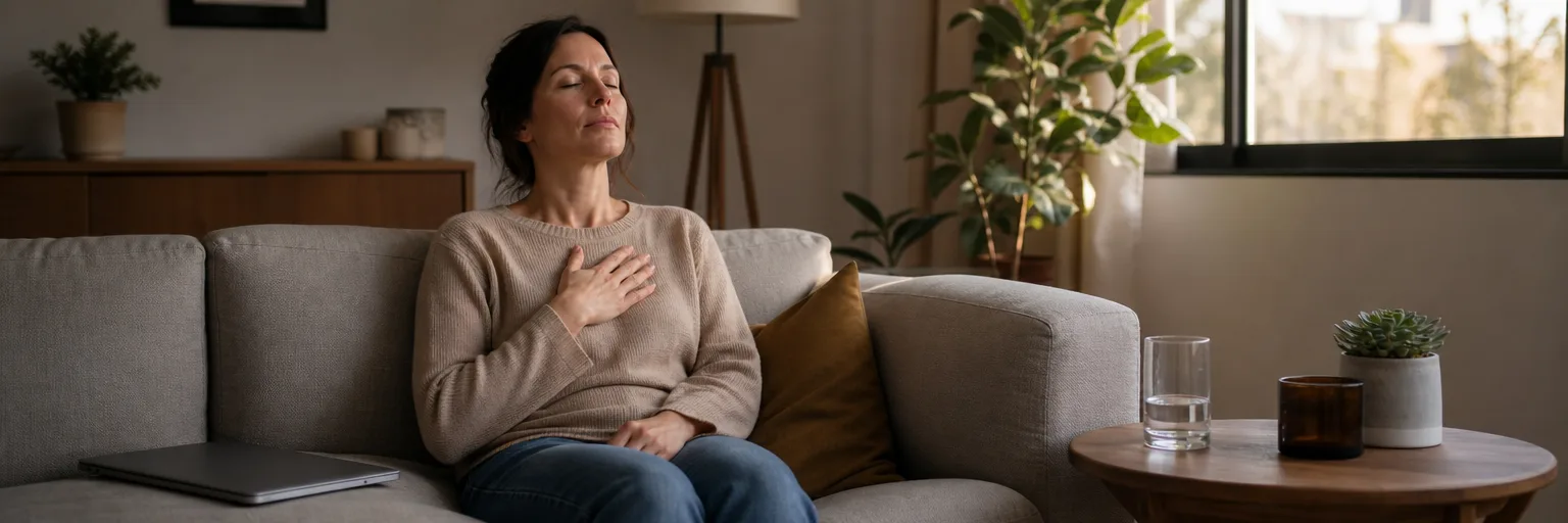 woman taking a calming breath on a couch after a stressful workday