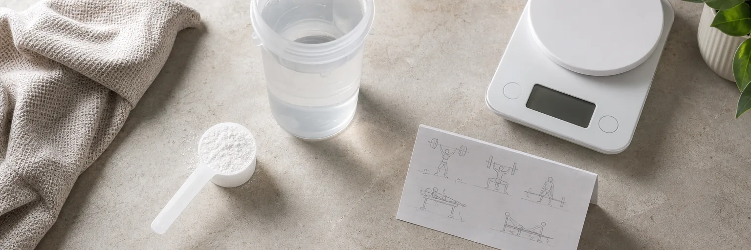 clean kitchen counter with a small unlabeled scoop of white creatine monohydrate powder in a clear glass shaker, a stainless-steel water bottle, a lean grilled chicken breast on a cutting board, and a pair of adjustable dumbbells in soft focus in the background