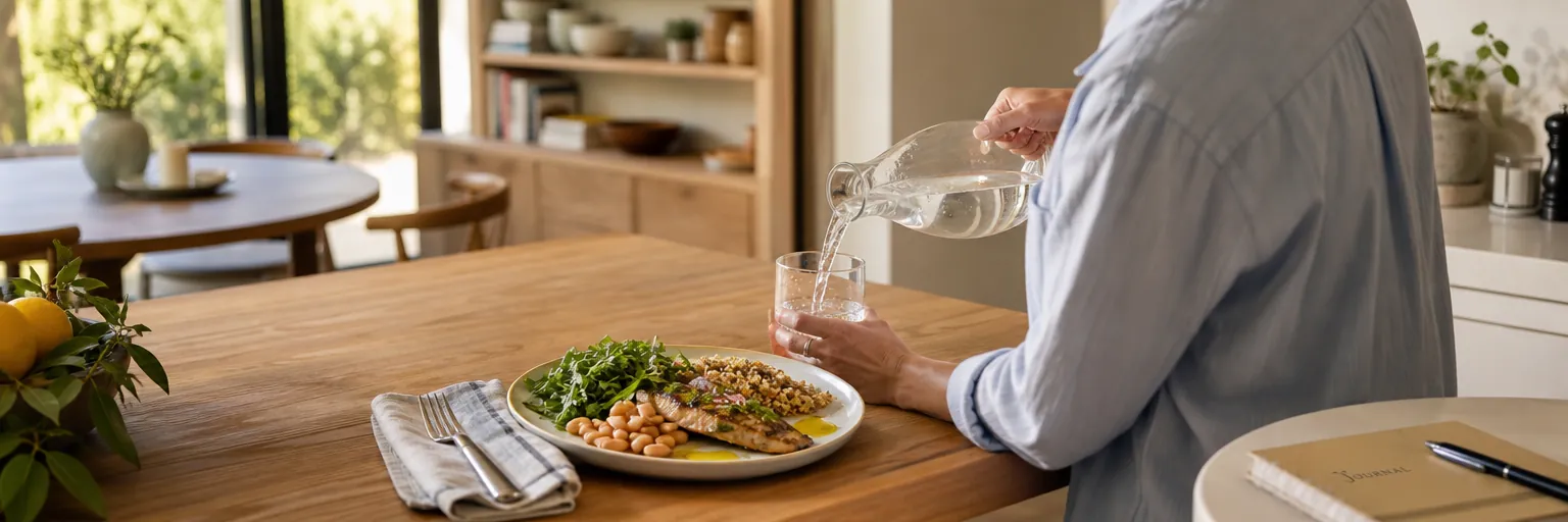 adult pouring a glass of water in a sunlit kitchen with a Mediterranean meal and journal nearby as part of a Cushing's-aware weight-management routine.