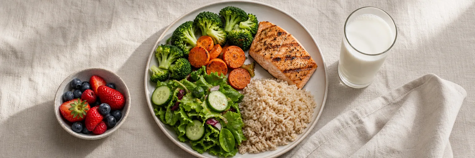 dash diet style dinner plate with vegetables, lean protein, whole grains, berries, and low-fat milk