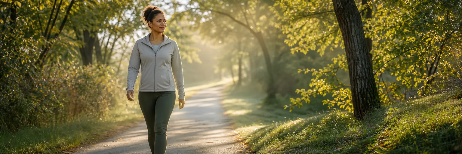 adult walking outdoors on a tree-lined path in soft morning light as part of a mood and weight management routine.