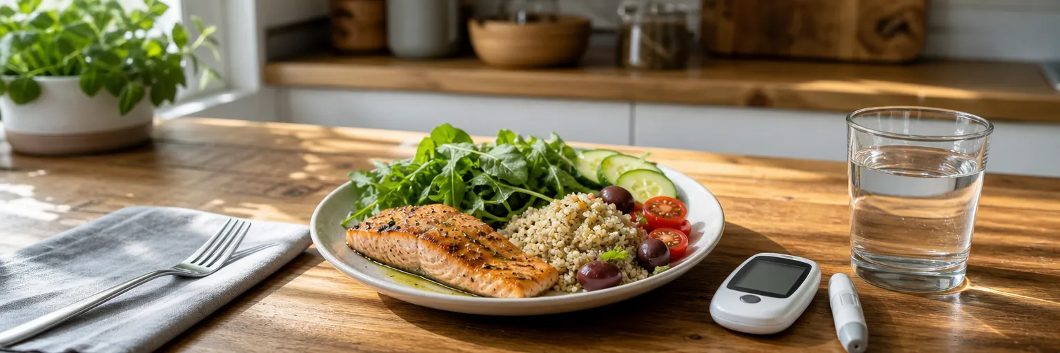 Mediterranean-style meal beside a blood glucose meter on a kitchen table