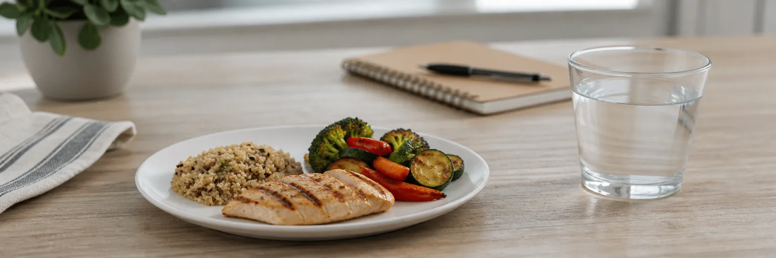 small post-bariatric plate — protein-forward, low-glycemic portion — with a clear glass of water set aside from the plate to illustrate drinking between meals, and a food journal in soft focus