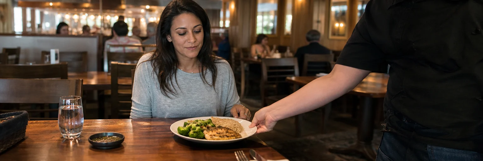 Person ordering a balanced grilled-protein meal at a casual restaurant