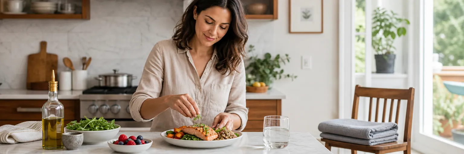 adult preparing a Mediterranean-style anti-inflammatory plate at a sunlit kitchen counter as part of an endometriosis-friendly weight-management routine