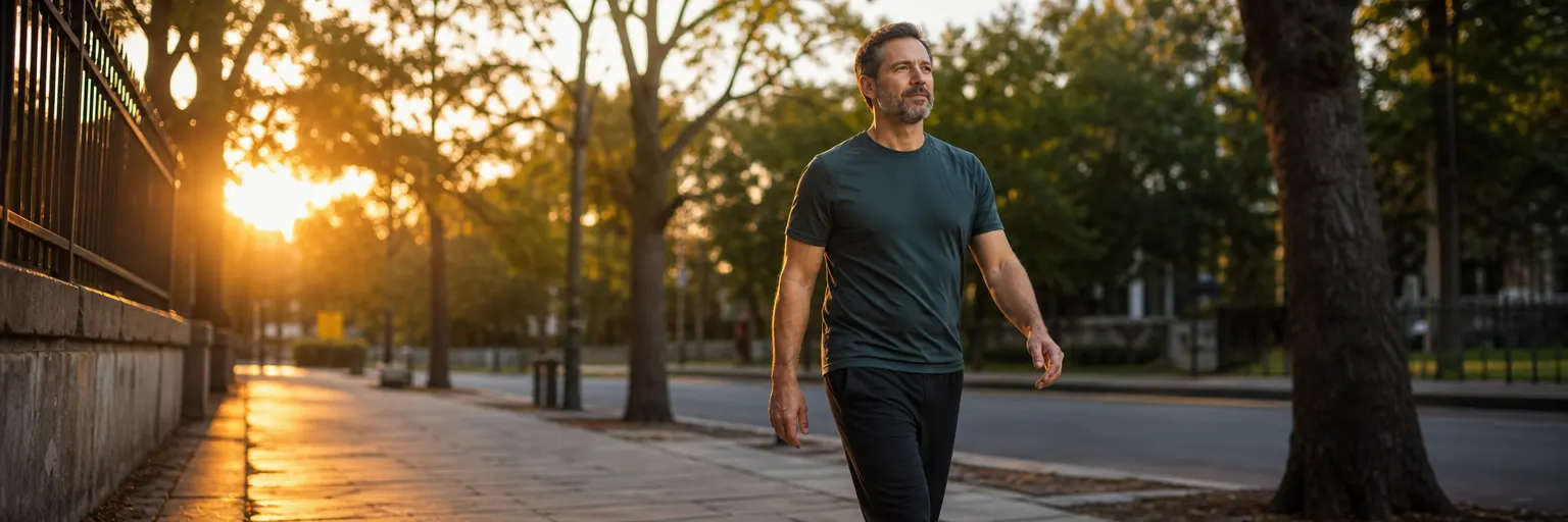 middle-aged man walking outdoors at sunrise as part of a weight loss and cardiovascular routine to support erectile function