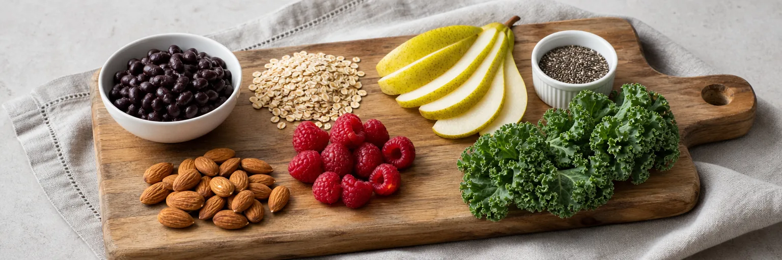 assortment of high-fiber whole foods including beans, oats, berries, and leafy greens