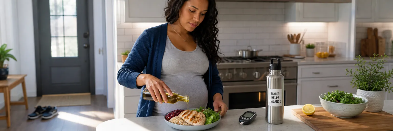 pregnant adult preparing a balanced plate at a sunlit kitchen counter with a water bottle, walking shoes, and a home glucose meter nearby as part of a gestational-diabetes-friendly routine.