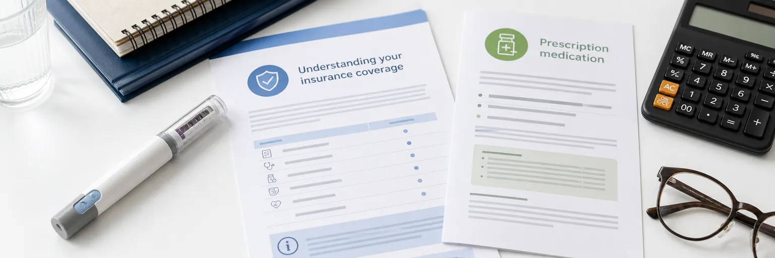 Injectable GLP-1 medication pen beside insurance paperwork and a calculator