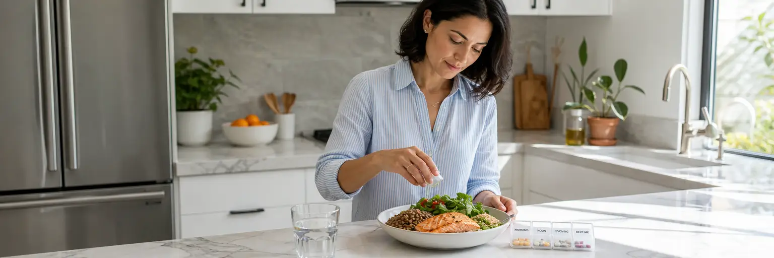 adult preparing a Mediterranean-style plate at a sunlit kitchen counter with a glass of water and a morning medication organizer nearby as part of a Hashimoto's-friendly weight-management routine