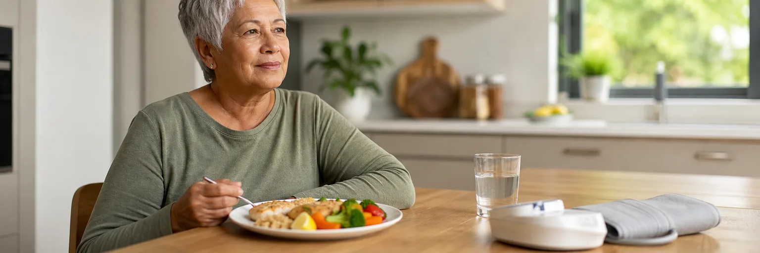 older adult at a kitchen table with a low-sodium plate of lean fish, steamed vegetables, and brown rice alongside a home blood-pressure cuff.