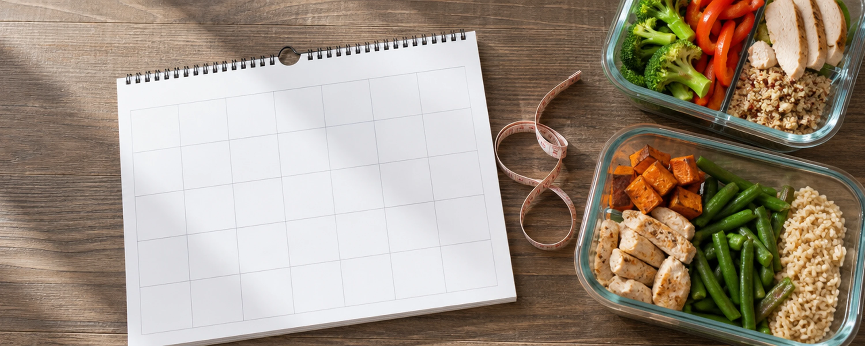 Open wall calendar on a wooden table beside two glass meal-prep containers of vegetables, chicken, and grains and a curled cloth tape measure