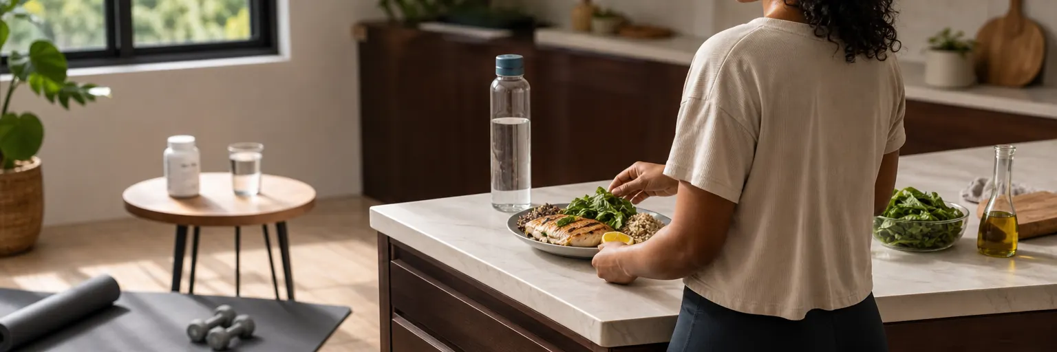 adult preparing a balanced plate at a sunlit kitchen counter with light dumbbells and medication nearby as part of a hyperthyroidism-aware weight-management routine