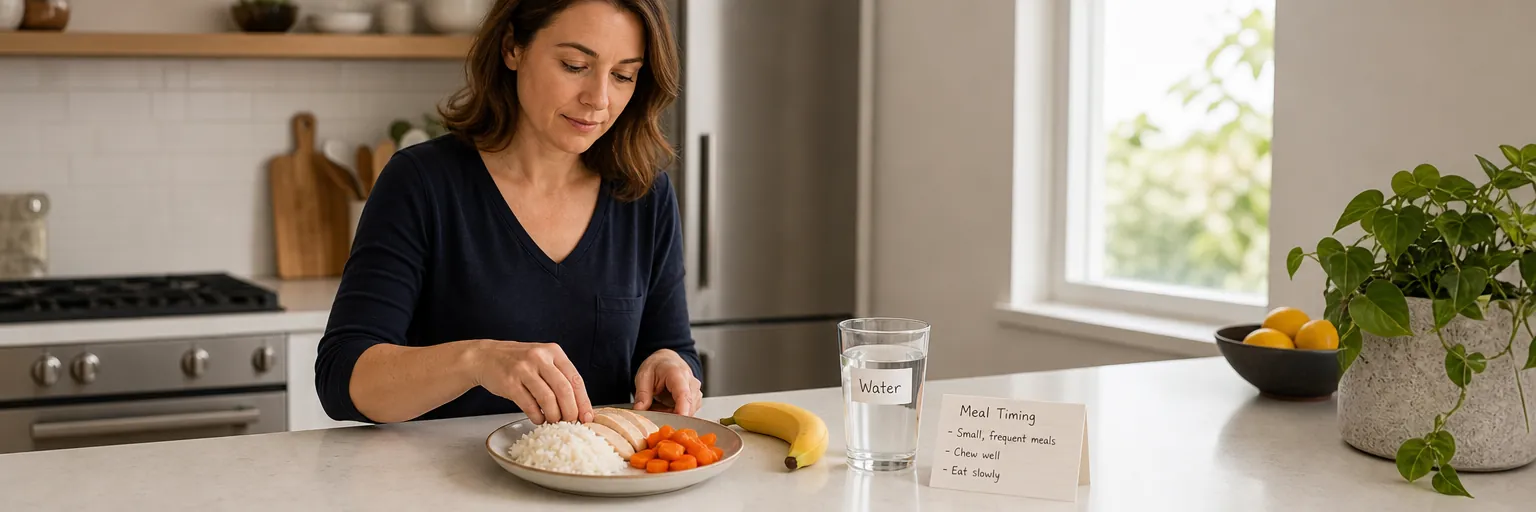 adult preparing a small low-residue plate of poached chicken, rice, and carrots at a sunlit counter as part of an IBD-friendly weight-management routine