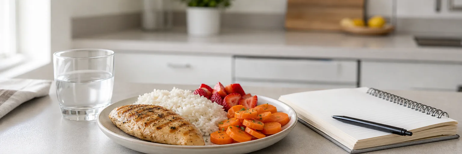 kitchen counter with a low-FODMAP plate of grilled chicken, rice, carrots, and strawberries beside a meal-tracking notebook as part of an IBS-and-weight-loss routine