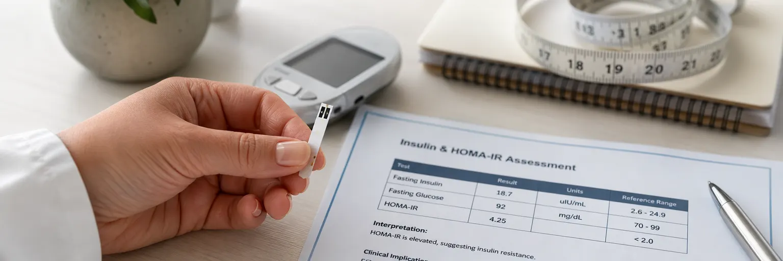 Clinician's hand holding a glucose-meter test strip beside a printed insulin and HOMA-IR lab report on a desk