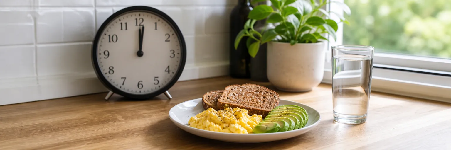 kitchen clock showing noon next to a healthy first meal and a glass of water during intermittent fasting