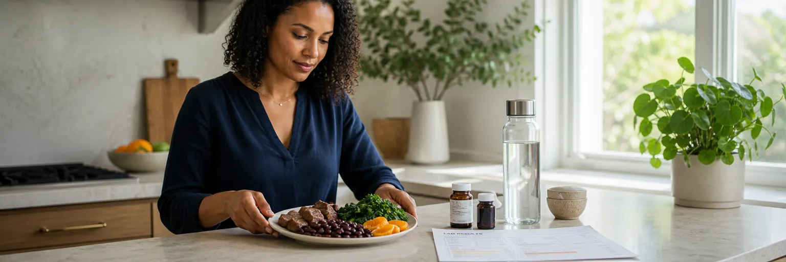 adult preparing an iron-rich meal at a sunlit kitchen counter with iron supplements, vitamin C, and lab results nearby as part of an iron-deficiency-aware weight-management routine