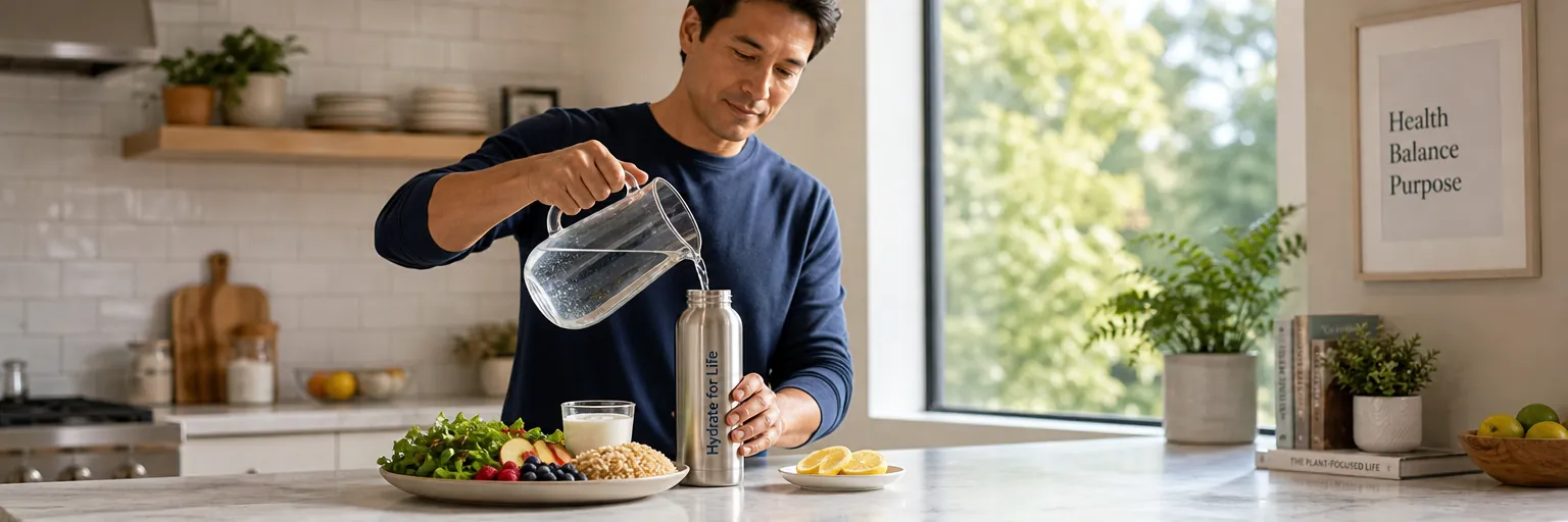 adult pouring water into a labeled hydration bottle beside a DASH-style plate as part of a kidney-stone-prevention and weight-management routine