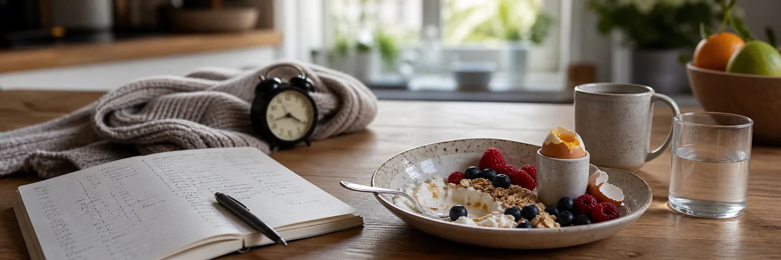 Warm morning kitchen table with a half-eaten Greek yogurt bowl of oats and berries next to an open notebook of hunger ratings and hours slept, a folded blanket and small alarm clock in the soft-focus background.