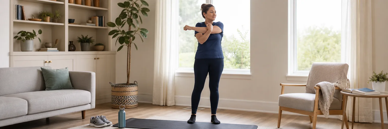 adult woman in compression leggings stretching beside a yoga mat with a water bottle as part of a lipedema conservative-care and weight-loss routine