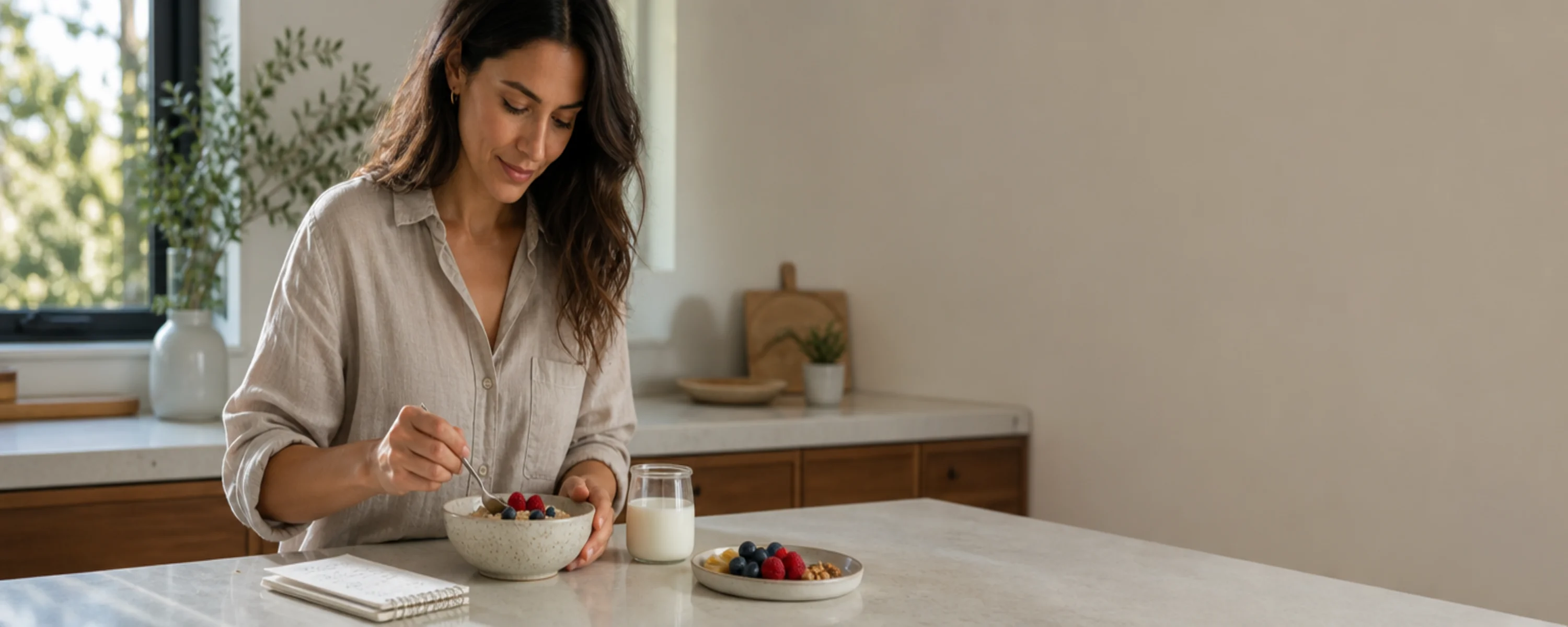 Woman preparing a measured breakfast portion of oats and berries in a calm, light-filled modern kitchen with a small notepad on the counter