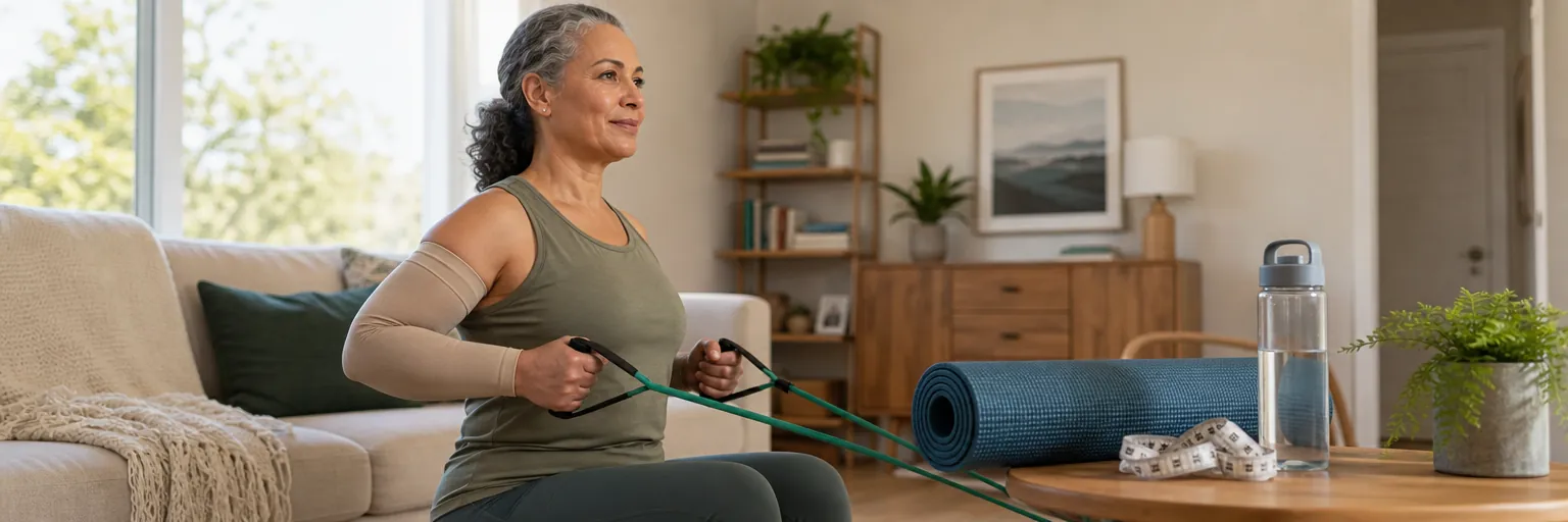 adult performing gentle resistance-band rows in a sunlit living room while wearing a compression sleeve as part of a lymphedema-safe weight-management routine