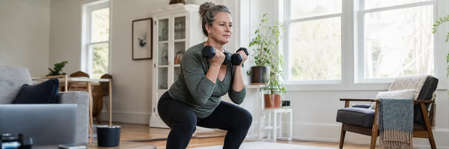 Woman in her fifties doing strength training at home for menopause weight management