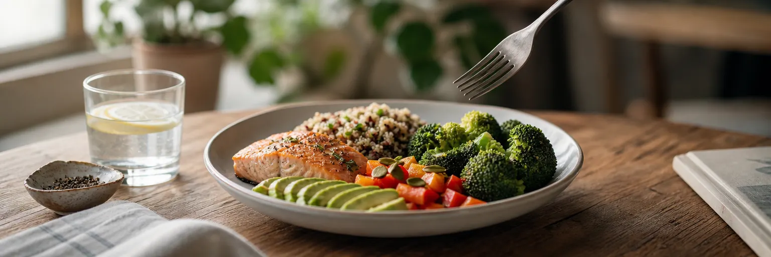 Balanced plate of salmon, quinoa, broccoli, and avocado on a wooden table with a fork captured mid-motion above the plate