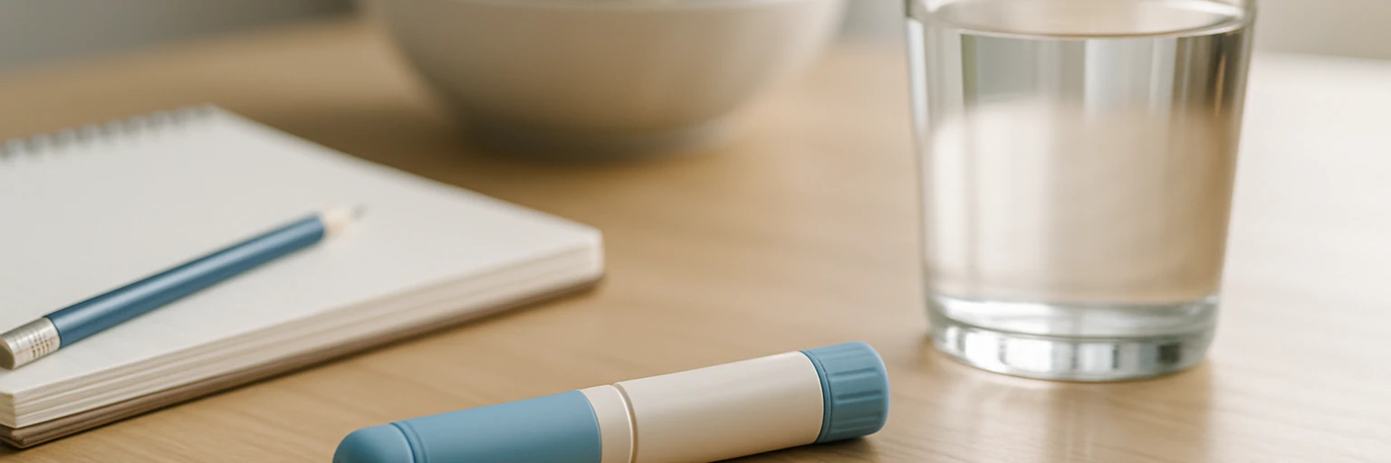 Generic weekly injector pen beside a blank notebook and glass of water in a wide editorial scene