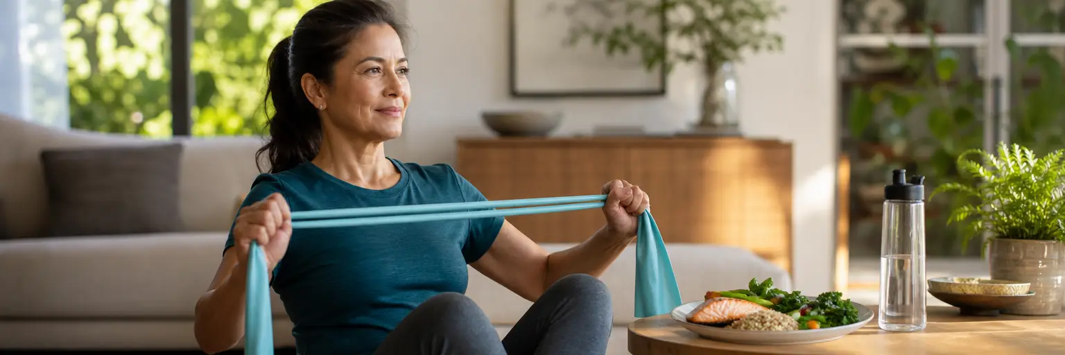 adult performing a gentle seated resistance routine in a sunlit living room with a Mediterranean meal and water nearby as part of a multiple-sclerosis-friendly weight-management routine