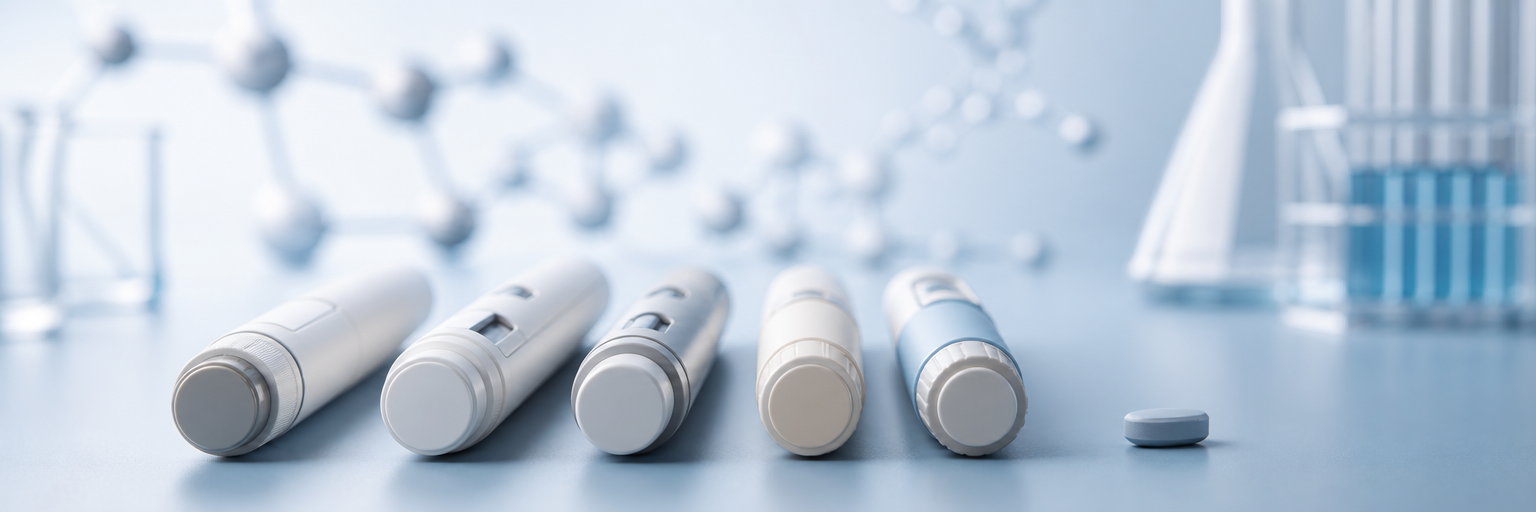 Row of unbranded injection pens and a single generic-looking tablet lined up on a soft matte laboratory surface, with molecular-structure motifs in the background, illustrating the next-generation anti-obesity drug pipeline.