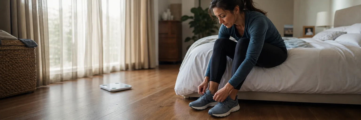 woman tying running shoes at home with bathroom scale turned face down in the background