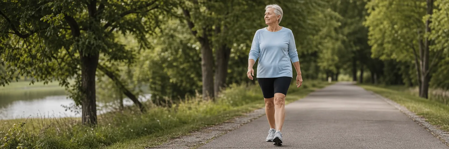 older adult walking outdoors on a flat path in supportive shoes to manage knee osteoarthritis