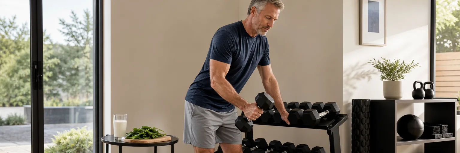 adult performing a moderate dumbbell row with deliberate posture beside a glass of milk and leafy greens as part of an osteoporosis-protective weight-loss routine