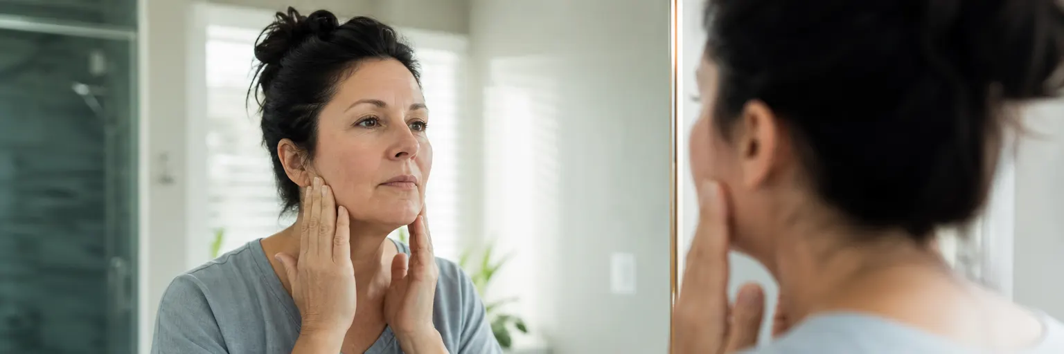 middle-aged adult in soft natural light reviewing facial appearance after significant GLP-1 weight loss