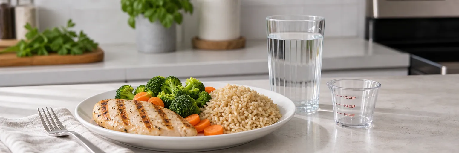 kitchen counter with a grilled-chicken-and-vegetable plate and a glass of water as part of a pancreatitis-safe weight-loss routine