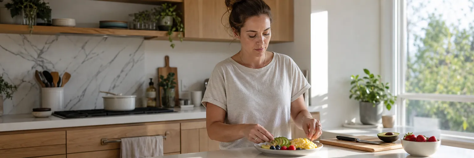 Woman preparing a high-protein PCOS-friendly breakfast in a sunlit kitchen