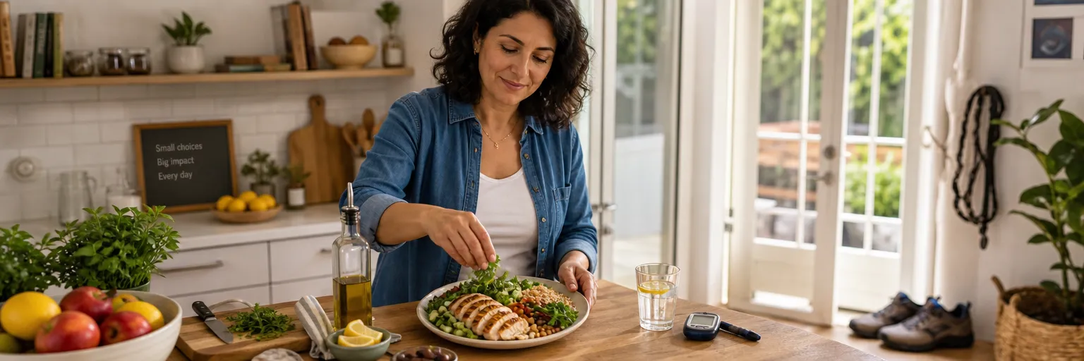 adult preparing a Mediterranean-style plate at a sunlit kitchen counter with walking shoes and a glucometer nearby as part of a prediabetes-friendly weight-management routine