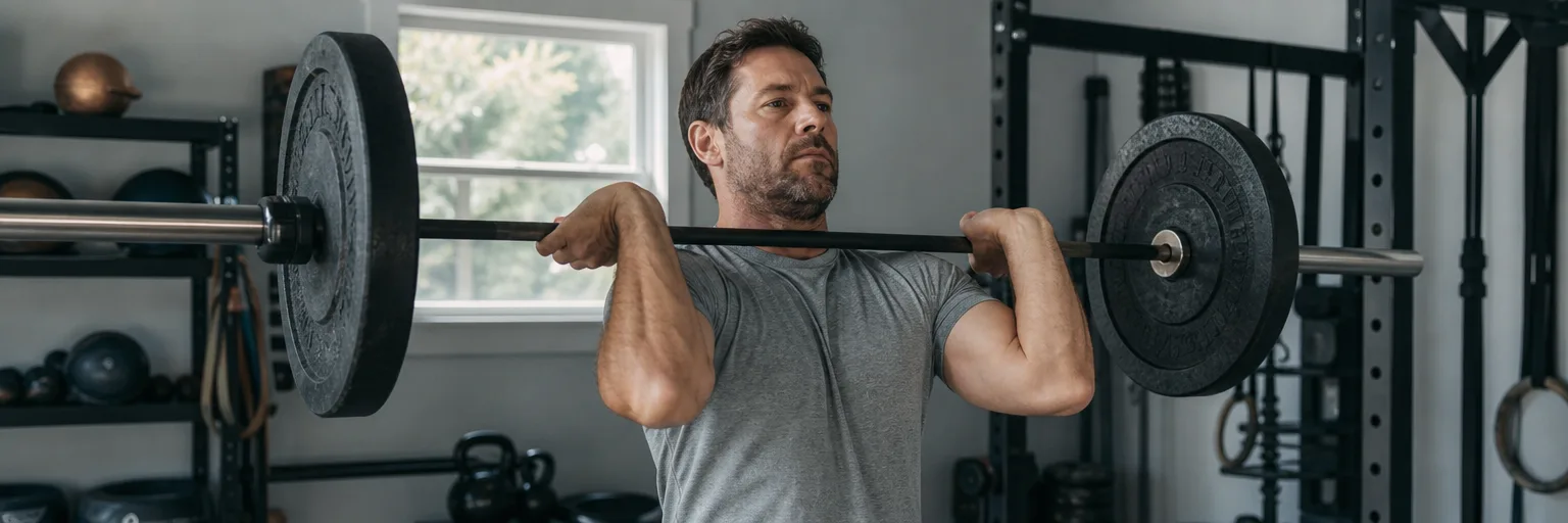 man performing a barbell exercise in a home gym to preserve muscle during weight loss