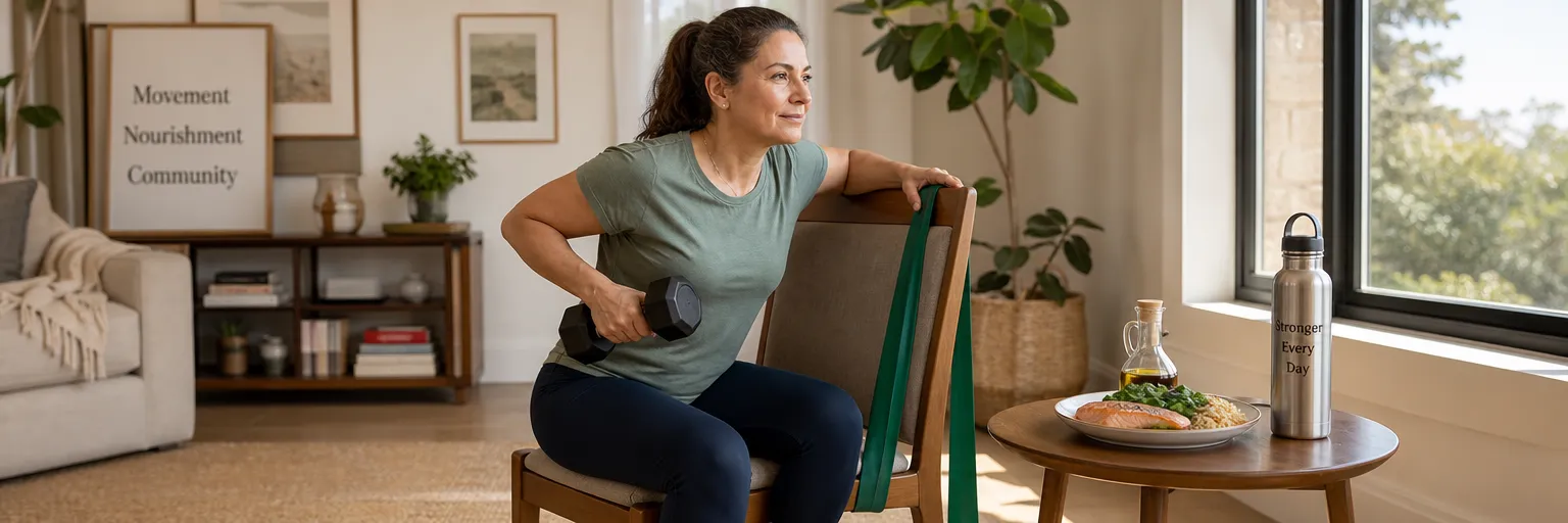 adult performing gentle seated resistance exercises in a sunlit living room with a Mediterranean meal and water nearby as part of a psoriatic-arthritis-friendly weight-management routine