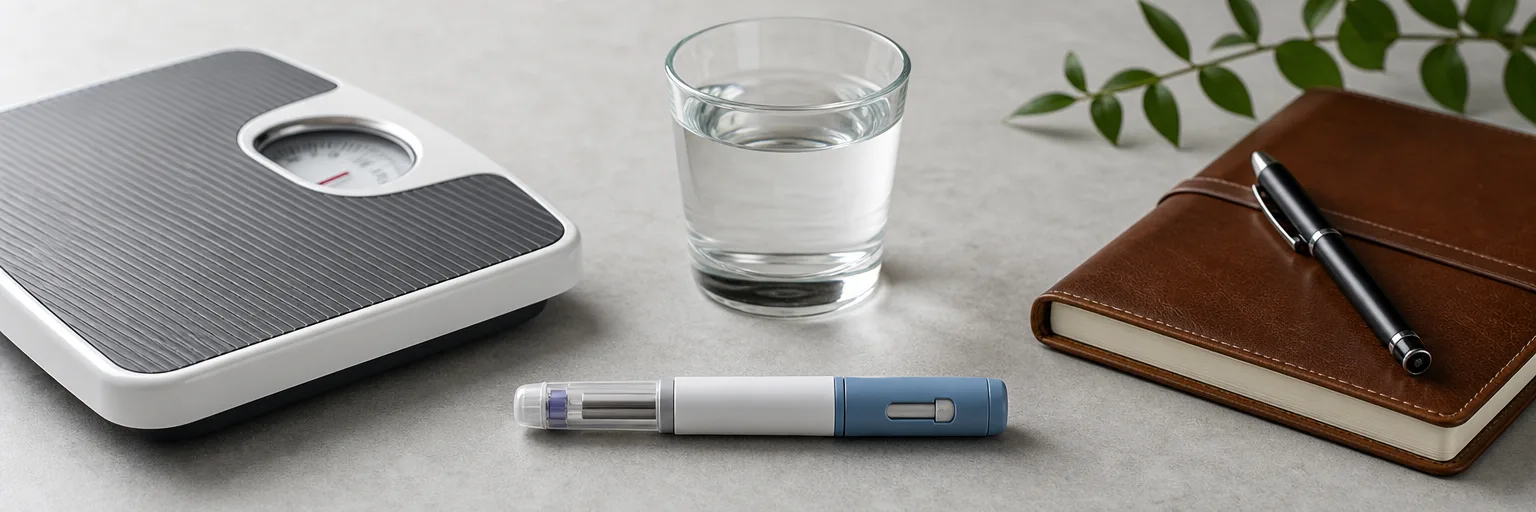glp-1 injection pen on a clinical countertop next to a bathroom scale, water, and a journal