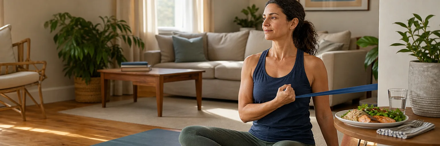 adult performing a gentle resistance-band shoulder exercise on a yoga mat beside a Mediterranean-style plate as part of a rheumatoid-arthritis and weight-management routine