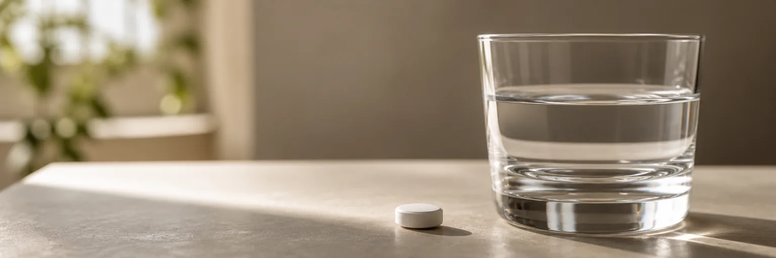 A single Rybelsus-style oral tablet on a plain surface next to a small glass of water, illustrating the fasting-and-water protocol required for oral semaglutide absorption.
