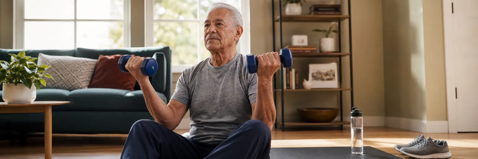 older adult performing a light resistance routine in a sunlit living room with a water bottle, walking shoes, and a protein-rich snack nearby as part of a sarcopenia-aware weight-management routine.