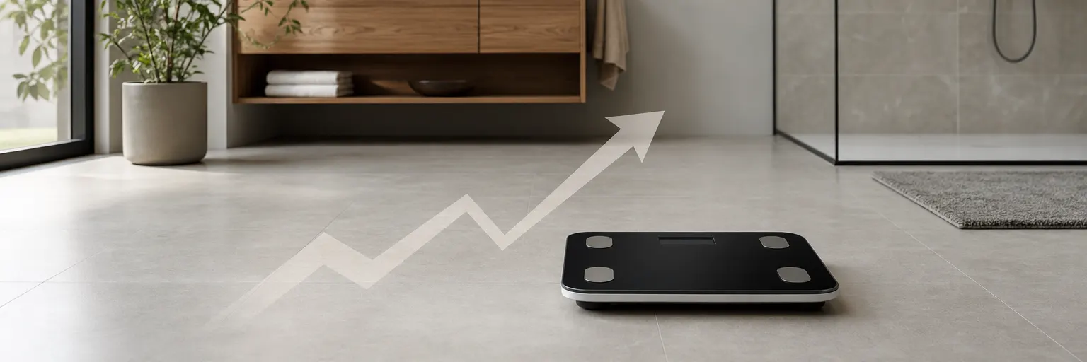 Modern bathroom scale on a tile floor with a subtle upward-trending arrow overlay representing the body's defended weight set point