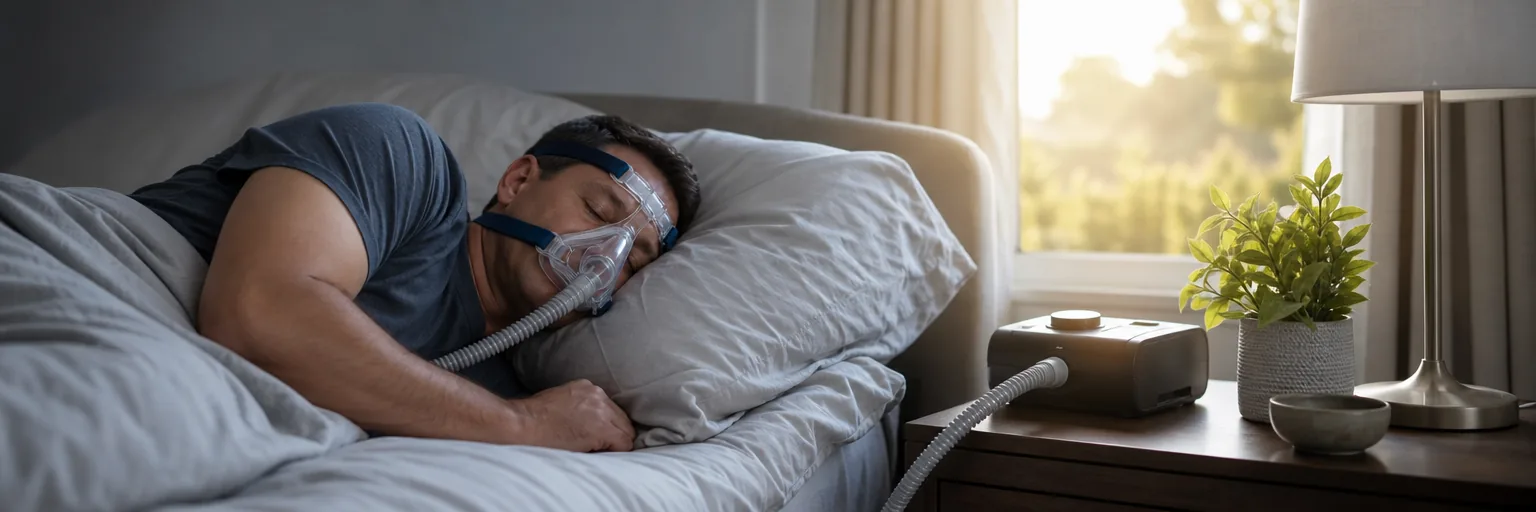 person sleeping with a CPAP mask used to treat obstructive sleep apnea