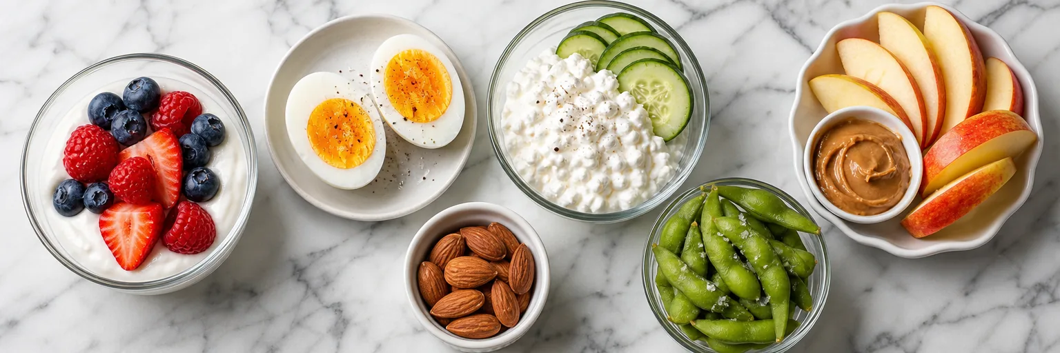 assortment of high-protein high-fiber snacks portioned in small bowls for weight loss