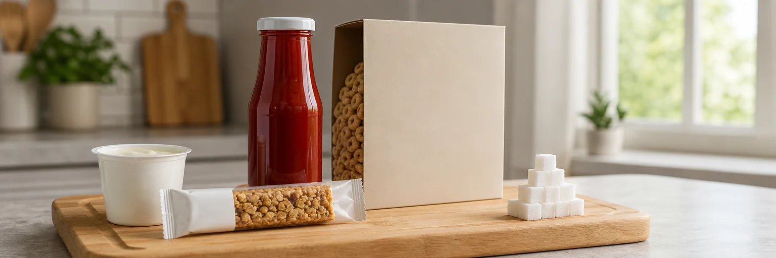 Common foods that contain hidden added sugar arranged beside sugar cubes representing the daily limit